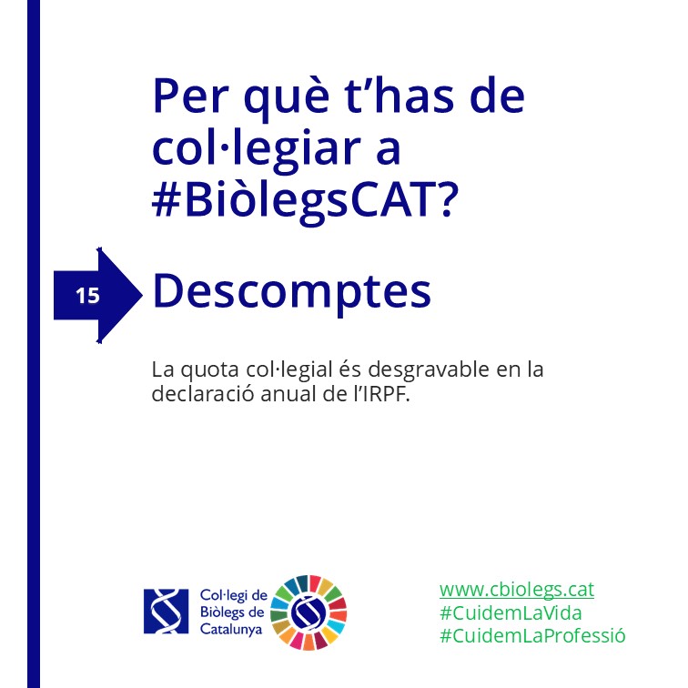 BiolegsCAT's tweet photo. #2️⃣1️⃣Raons per ser de #BiòlegsCAT 

La quota col·legial te la pots desgravar en la declaració anual de l'impost de rendes de les persones físiques IRPF.

Entra, t'ho expliquem 👉 https://t.co/dp7F71Wrfc

#CuidemlaVida 
#CuidemLaProfessió
#Descomptes https://t.co/qGkSXlW5zB
