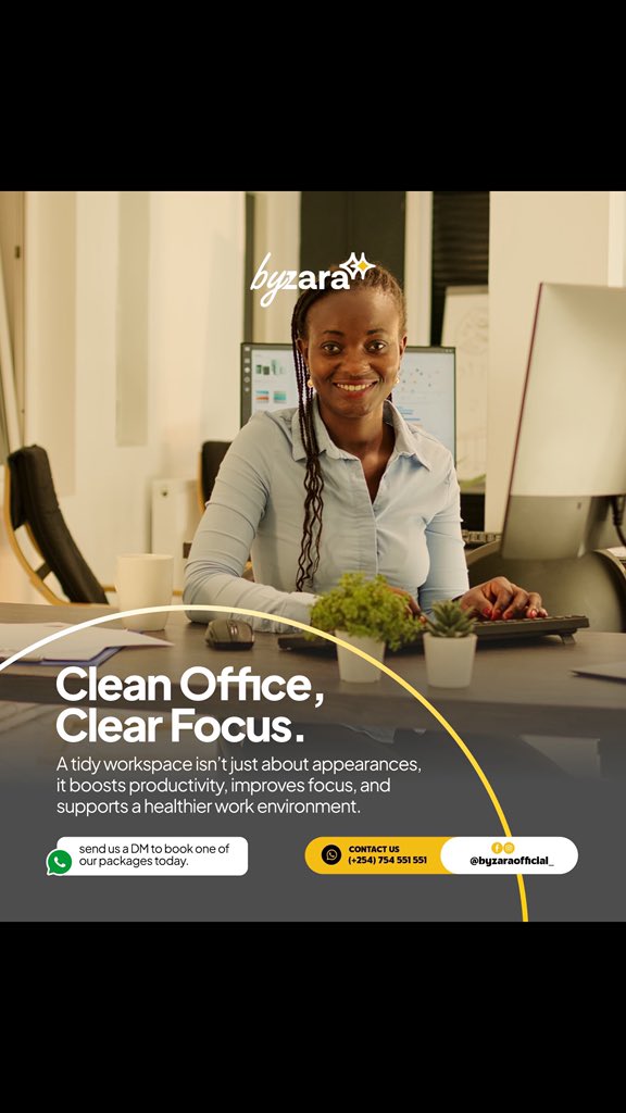 ByZaraOfficial's tweet image. Clean office, clear focus! 💼✨
A tidy workspace boosts productivity &amp;amp; keeps your team healthy.

📩 DM to book your office cleaning today!

#ByZaraClean #OfficeCleaningKenya #CleanWorkspaces #NairobiCleaningServices