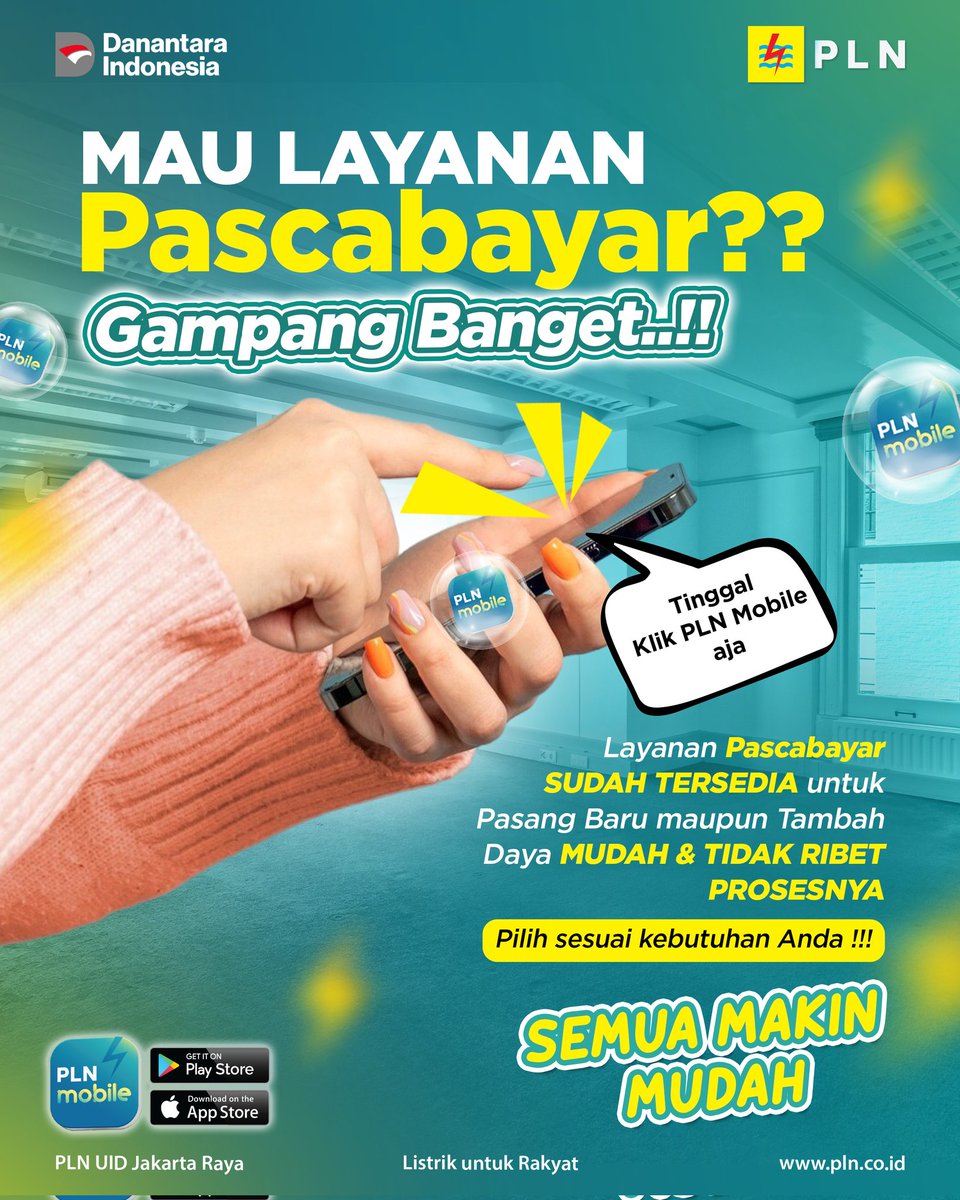 SahabatPLNJkt's tweet photo. Sekarang bisa pilih layanan Pascabayar langsung dari PLN Mobile!
Pilih layanan sesuai kebutuhanmu, mau #Pascabayar atau #Prabayar.
Praktis banget, tanpa drama.
Klik–klik, langsung kelar~
Yuk cobain sekarang juga!
#PLNDisjaya #PLNUntukRakyat #PLNMobile #SemuaMakinMudah https://t.co/RgEQWR6obu