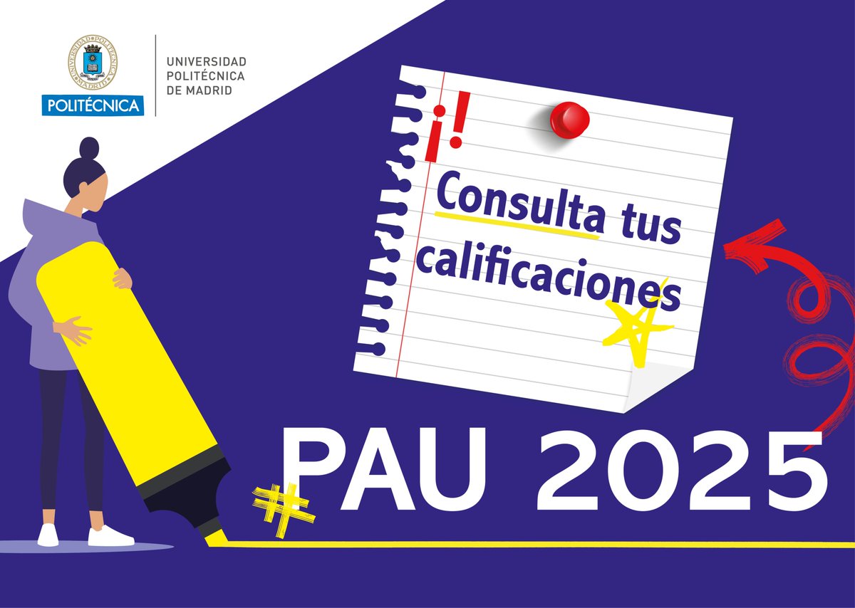 Universidad Politécnica de Madrid (@la_upm) on Twitter photo 📢¿Te presentaste a la extraordinaria de la #PAU? ¡Ya puedes consultar tus notas!
Estás a un paso de entrar en la universidad.
🔎Puedes ver tus calificaciones aquí: short.upm.es/qr3tx
¡Os esperamos en la #UPM!
#somosUPM #nosoloingenieria 📢¿Te presentaste a la extraordinaria de la #PAU? ¡Ya puedes consultar tus notas!
Estás a un paso de entrar en la universidad.
🔎Puedes ver tus calificaciones aquí: short.upm.es/qr3tx
¡Os esperamos en la #UPM!
#somosUPM #nosoloingenieria