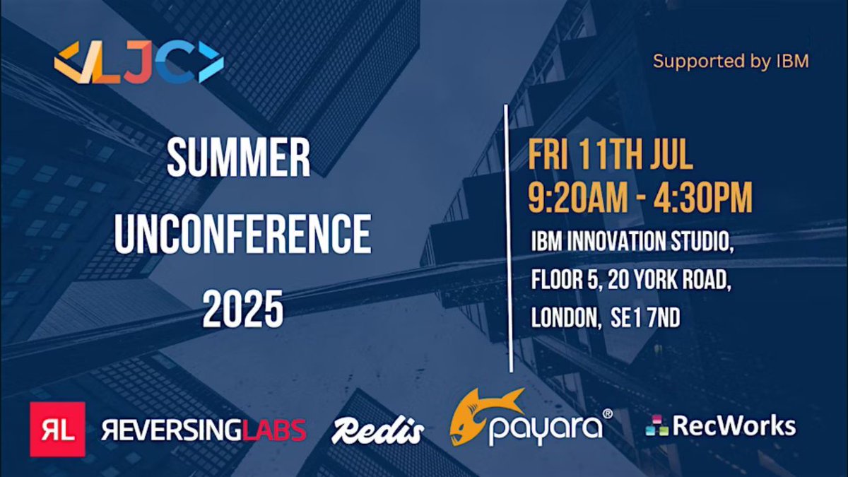 🚨 Calling all Java devs! Join the #LJC Summer Unconference 2025 🎉

🗓 Sat 19 July
📍 IBM Innovation Studio, London
🎤 Community-led talks, networking &amp; more!
🎟 Free tickets → hubs.ly/Q03vBhSb0

#Java #Unconference #LondonTech #DevEvent #JVM