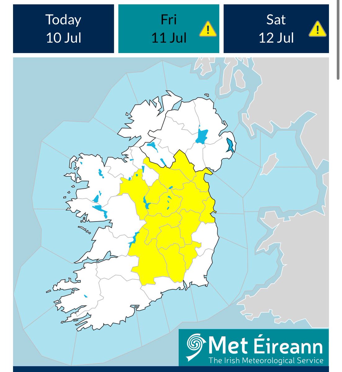 ⚠️ Heat warnings issued Ireland. 

🌡️ Temps &gt;27°C
🌙 Nights &gt;15°C

📍 Fri–Sat:
Carlow, Cavan, Dublin, Kildare, Kilkenny, Laois, Longford, Louth, Meath, Monaghan, Offaly, Roscommon, Tipperary, Westmeath

📍 Sat–Sun: all counties in the Republic. 

Details - met.ie