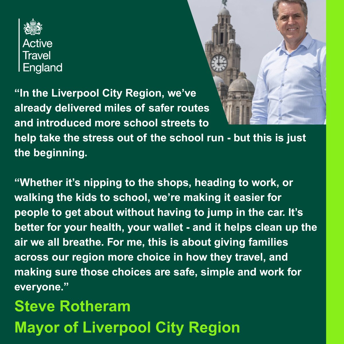 activetraveleng's tweet image. In Liverpool City Region @MetroMayorSteve is committing to transforming the school run to make it easier to walk, wheel or cycle to school. He’s joined 12 of England’s Mayors in a commitment to active travel.
Read more: activetravelengland.gov.uk/news/englands-…