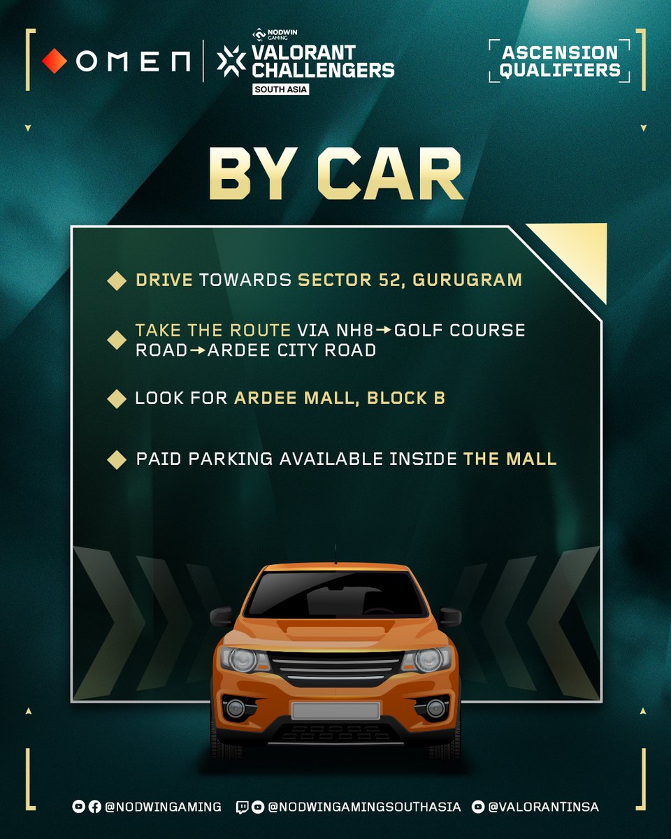 Swipe to plan your journey! 🚗  Heading to the OMEN VCSA Ascension Qualifiers LAN Finale? Here's your complete guide on how to reach Ardee Mall by Metro, Bus and Car!

The excitement kicks off July 12th &amp; 13th! Join us there ❤️

Watch Action LIVE on -

📺 Twitch: Nodwin Gaming SA