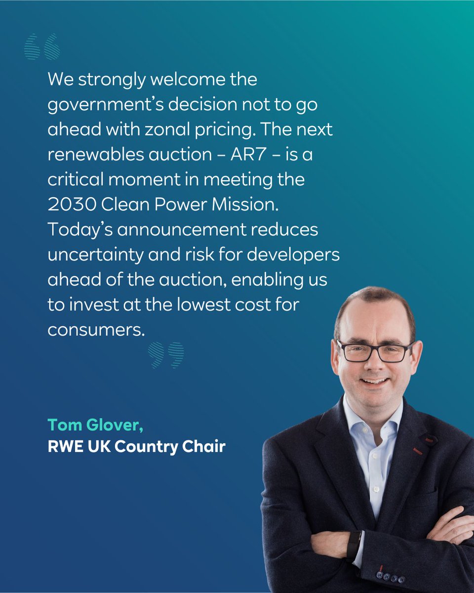 RWE_UK's tweet image. 📢RWE welcomes UK Government decision on zonal pricing
The UK Government has confirmed reforms to the national electricity pricing market. RWE welcomes the decision not to proceed with zonal pricing.
🔗Full statement from RWE UK Country Chair Tom Glover
uk.rwe.com/press-and-news…
