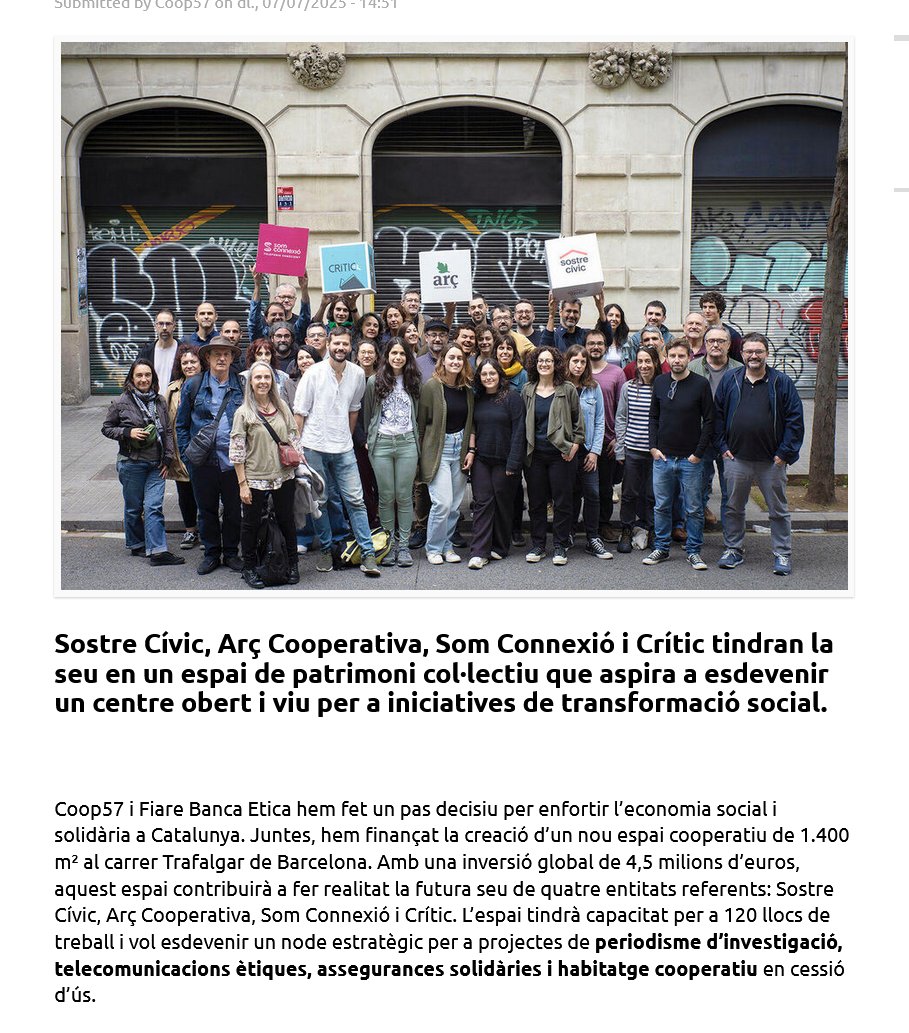 Coop57 Catalunya (@coop57catalunya) on Twitter photo Coop57 i <a href="/fiareBE/">Fiare Banca Etica</a> unim forces per impulsar un nou espai cooperatiu a Barcelona!
🏠<a href="/sostrecivic/">Sostre Cívic</a> <a href="/arc_coop/">Arç Cooperativa (mastodon.social/@arc_coop)</a> Som Conexió i <a href="/SentitCritic/">elcritic.cat</a> tindran la seu en un espai de patrimoni col·lectiu que aspira a esdevenir un centre obert per a la transformació social.
coop57.coop/ca/catalunya/c… Coop57 i <a href="/fiareBE/">Fiare Banca Etica</a> unim forces per impulsar un nou espai cooperatiu a Barcelona!
🏠<a href="/sostrecivic/">Sostre Cívic</a> <a href="/arc_coop/">Arç Cooperativa (mastodon.social/@arc_coop)</a> Som Conexió i <a href="/SentitCritic/">elcritic.cat</a> tindran la seu en un espai de patrimoni col·lectiu que aspira a esdevenir un centre obert per a la transformació social.
coop57.coop/ca/catalunya/c…