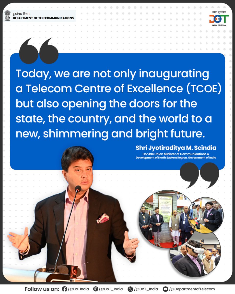 DoT India (@dot_india) on Twitter photo While inaugurating the Telecom Centre of Excellence at VTU’s Bengaluru campus, Hon’ble Union Minister Shri <a href="/JM_Scindia/">Jyotiraditya M. Scindia</a> described it as a gateway to a brighter, tech-driven future for the state, the nation, and the world. The Centre marks a pivotal step in India’s digital While inaugurating the Telecom Centre of Excellence at VTU’s Bengaluru campus, Hon’ble Union Minister Shri <a href="/JM_Scindia/">Jyotiraditya M. Scindia</a> described it as a gateway to a brighter, tech-driven future for the state, the nation, and the world. The Centre marks a pivotal step in India’s digital