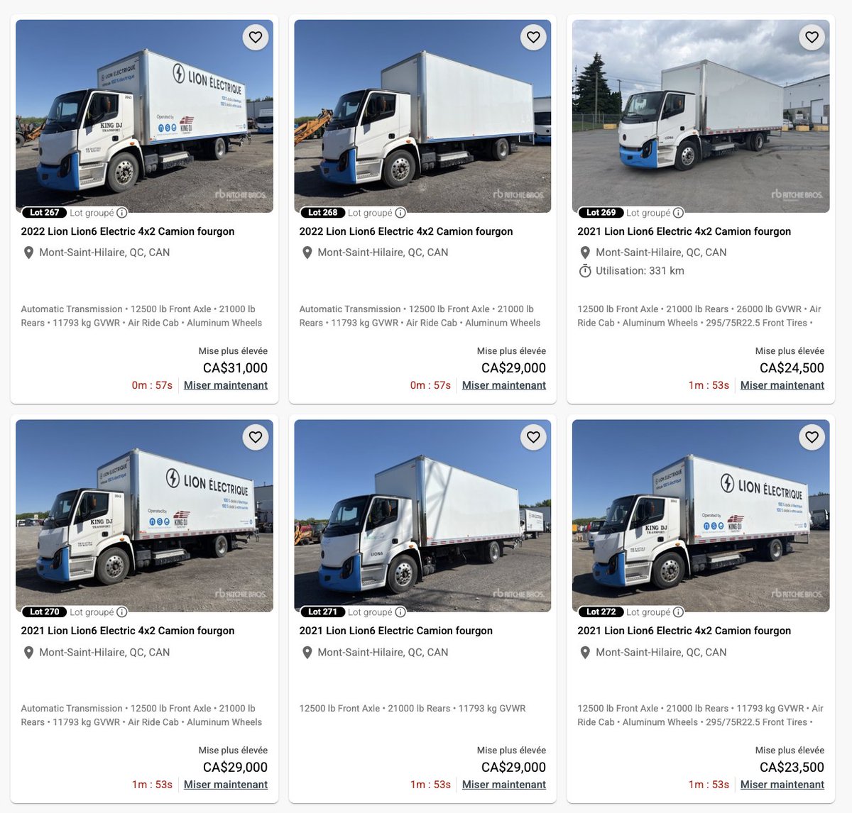 ThomasGerbet's tweet photo. Des camions électriques Lion ont été vendus aux enchères, hier, pour environ 30 000 $. Ils se vendaient plus de 10 fois plus cher, il y a peu, avec une subvention du gouvernement. Lion a été sauvée de la faillite par des investisseurs, mais le volet autobus scolaires seulement. https://t.co/J3DHWLAIko
