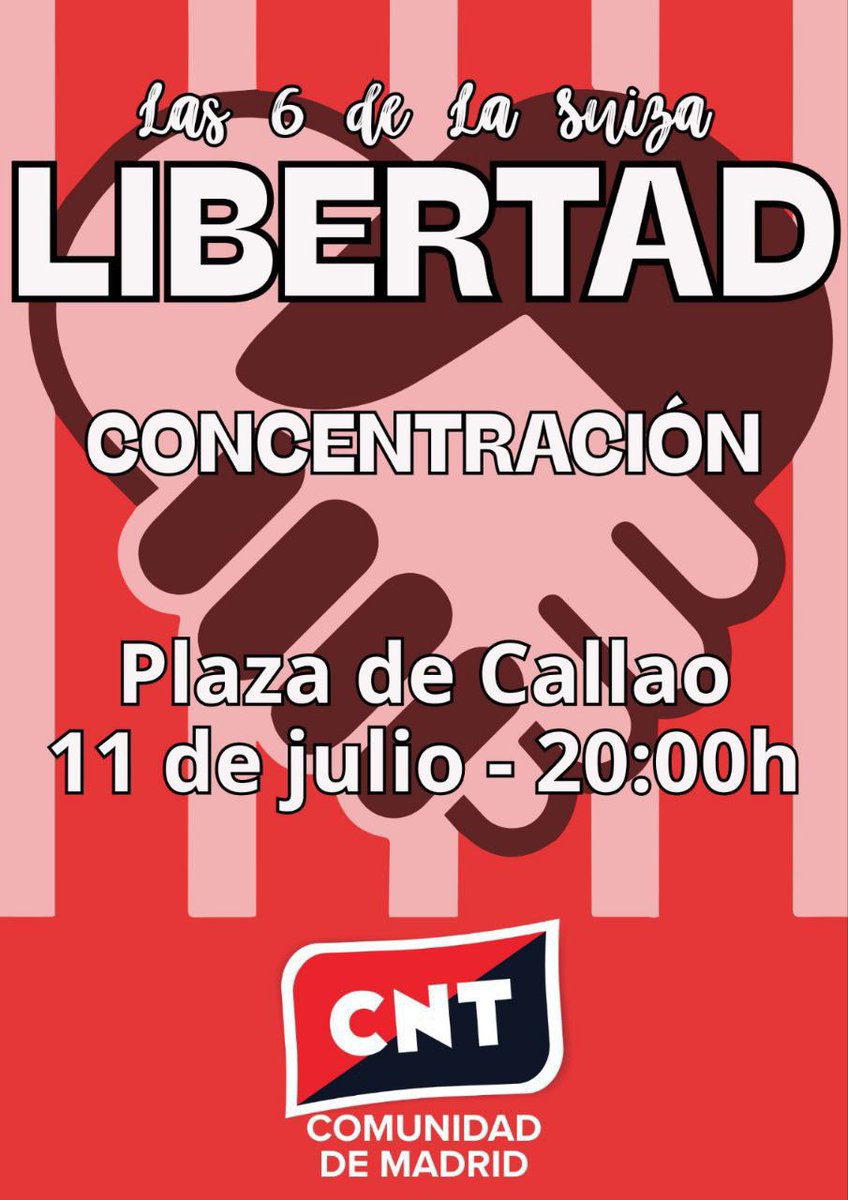 🛑🛑 Última Hora

Ya están en prisión las 6 sindicalistas de la Suiza, CNT. Condenadas a tres años y medio de prisión por hacer sindicalismo. Concentraciones esta tarde en Xixón y Madrid en apoyo a las sindicalistas.

🗞 Noticia: poderpopular.info/2025/07/10/las…