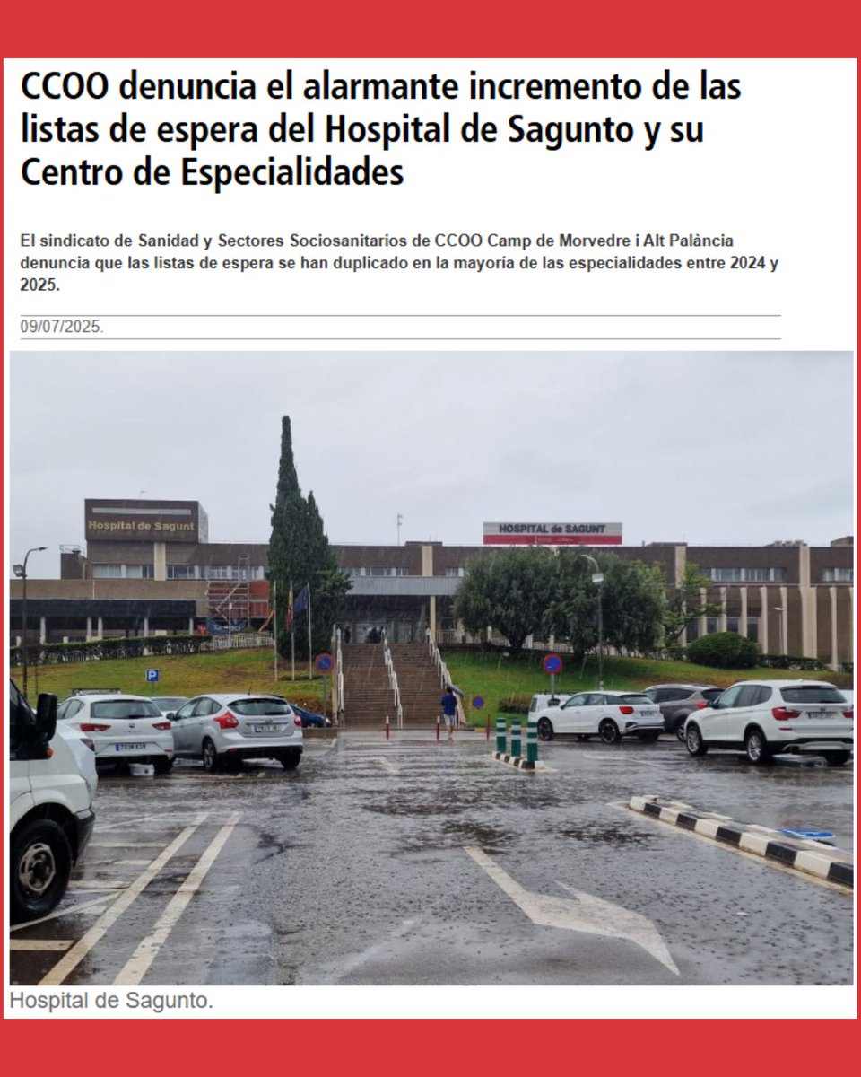 CCOOCMorvAPalan's tweet photo. CCOO denuncia el alarmante incremento de las 📋 listas  de espera del Hospital de Sagunto y su Centro de Especialidades y plantea propuestas de solución pues el tiempo de espera se ha duplicado en la mayoría de las especialidades entre 2024 y 2025.

🔗 https://t.co/UkquJMlBWx https://t.co/4P8YTIqxjy