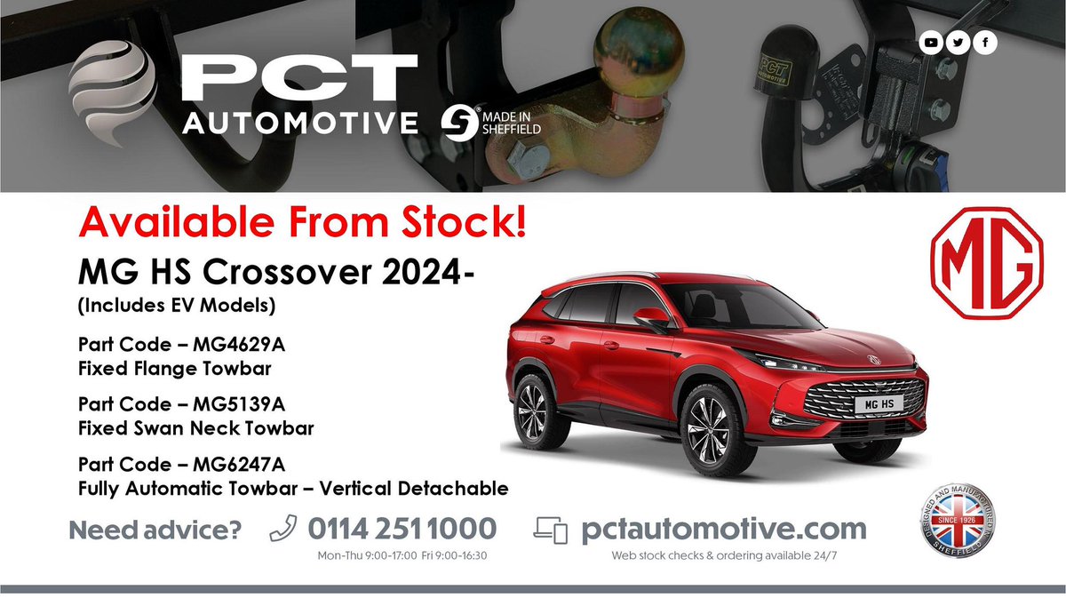 MG4629A, MG5139A &amp; MG6247A 

All Towbars Now Back In Stock At PCT Automotive‼️

Option For Free Next Day Delivery 🚚 

Available To Purchase Through The Web Portal
pctautomotive.com

#PCTAutomotive #Towbars #MGMotor #Towing #SteelCity #MadeinSheffield
