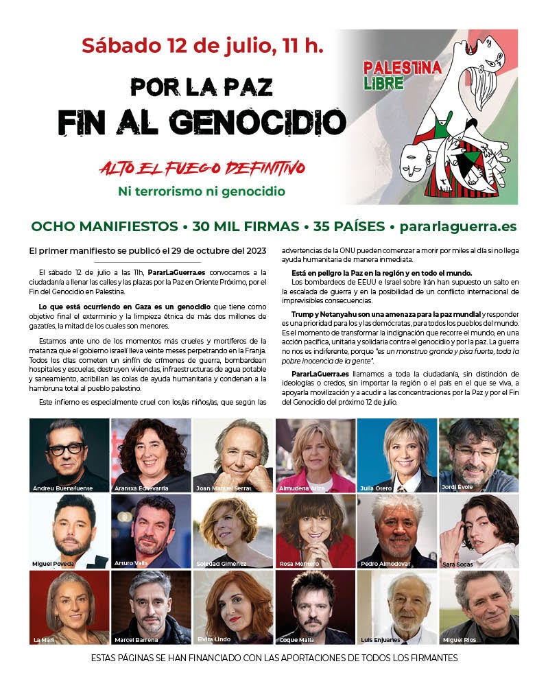 📢🕊️ HILO | El 12 de julio a las calles
Por la PAZ.
Por el FIN del GENOCIDIO.
Por una Palestina libre y un alto el fuego definitivo.
Ni terrorismo, ni genocidio.
pararlaguerra.es
Sigue leyendo ⬇️