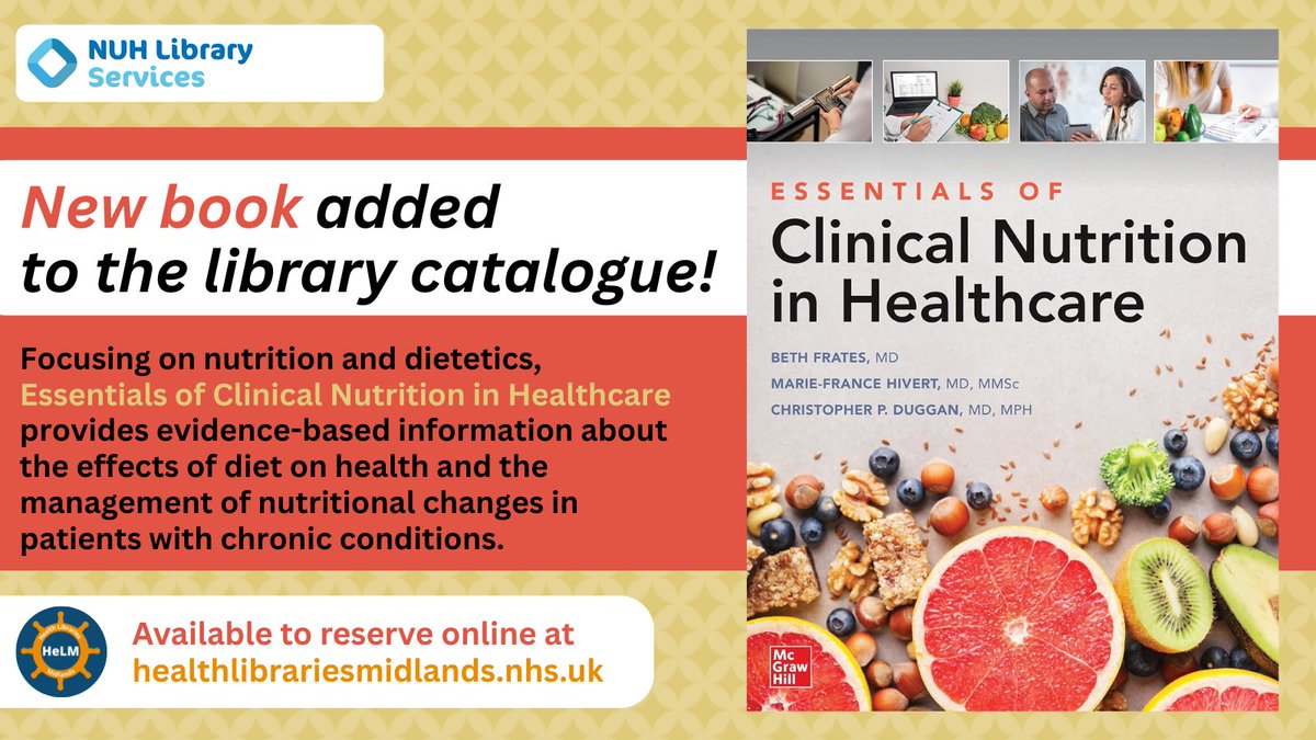 Interested in learning more about the effects of nutrition on health &amp; the management of diet in patients with chronic diseases?

Essentials of Clinical Nutrition in Healthcare is now available at City Library. Search for &amp; reserve this book at healthlibrariesmidlands.nhs.uk. 📖