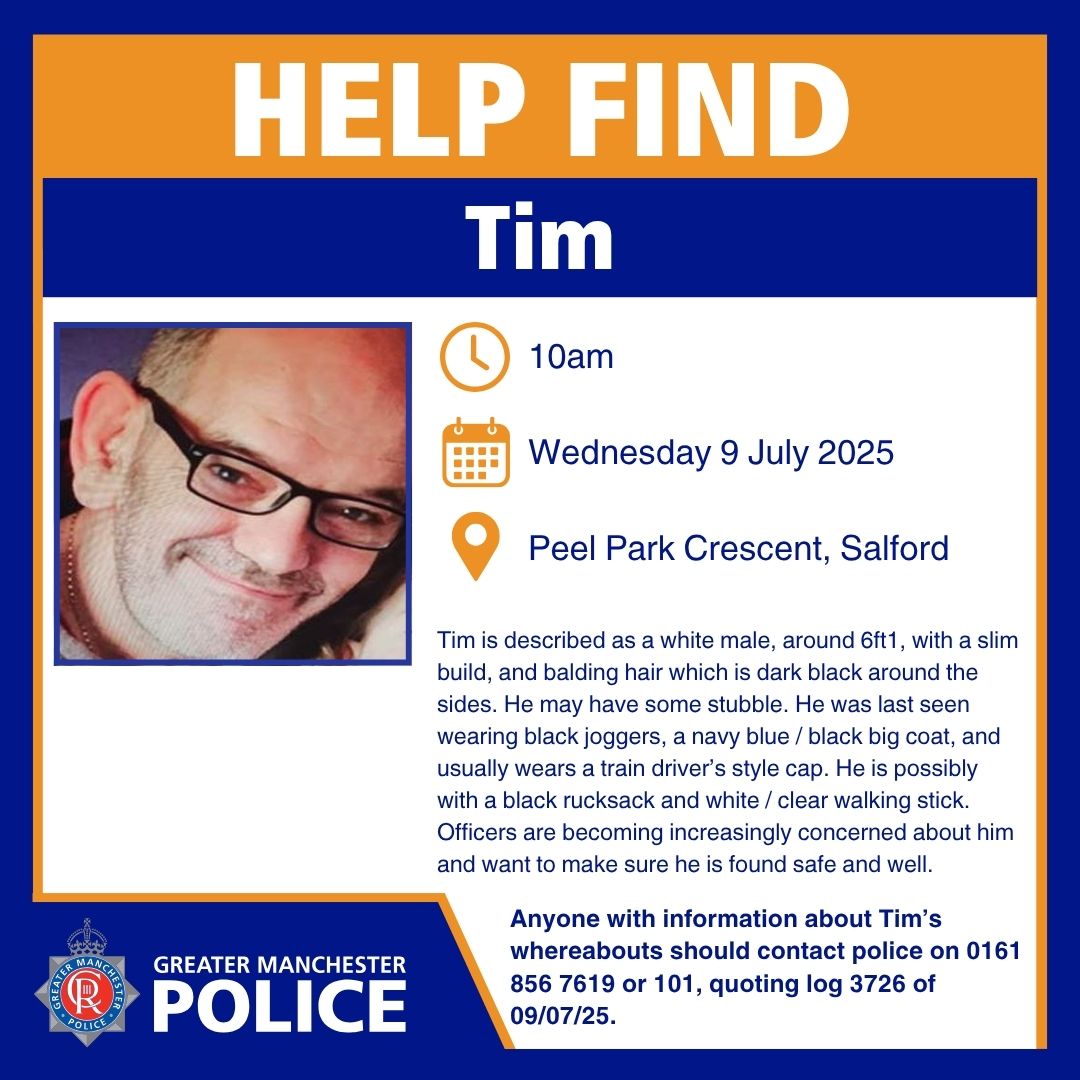 GMPSalford's tweet image. #MISSING | Can you help us find Tim? Officers want to make sure he is safe and well.
Any information? Please call 101 or 0161 856 7619.