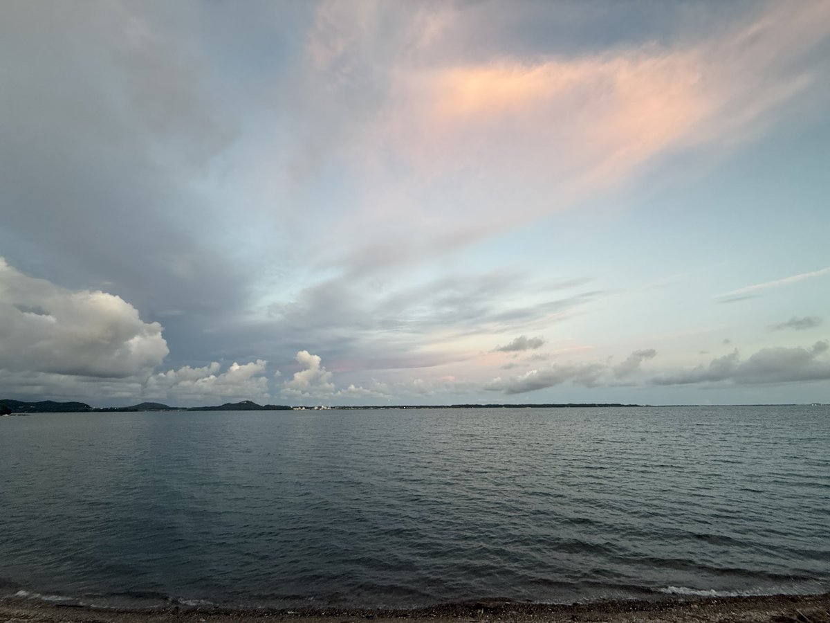 夕食食べてたら見えた、月がちょろっと出てて綺麗な日暮れ。