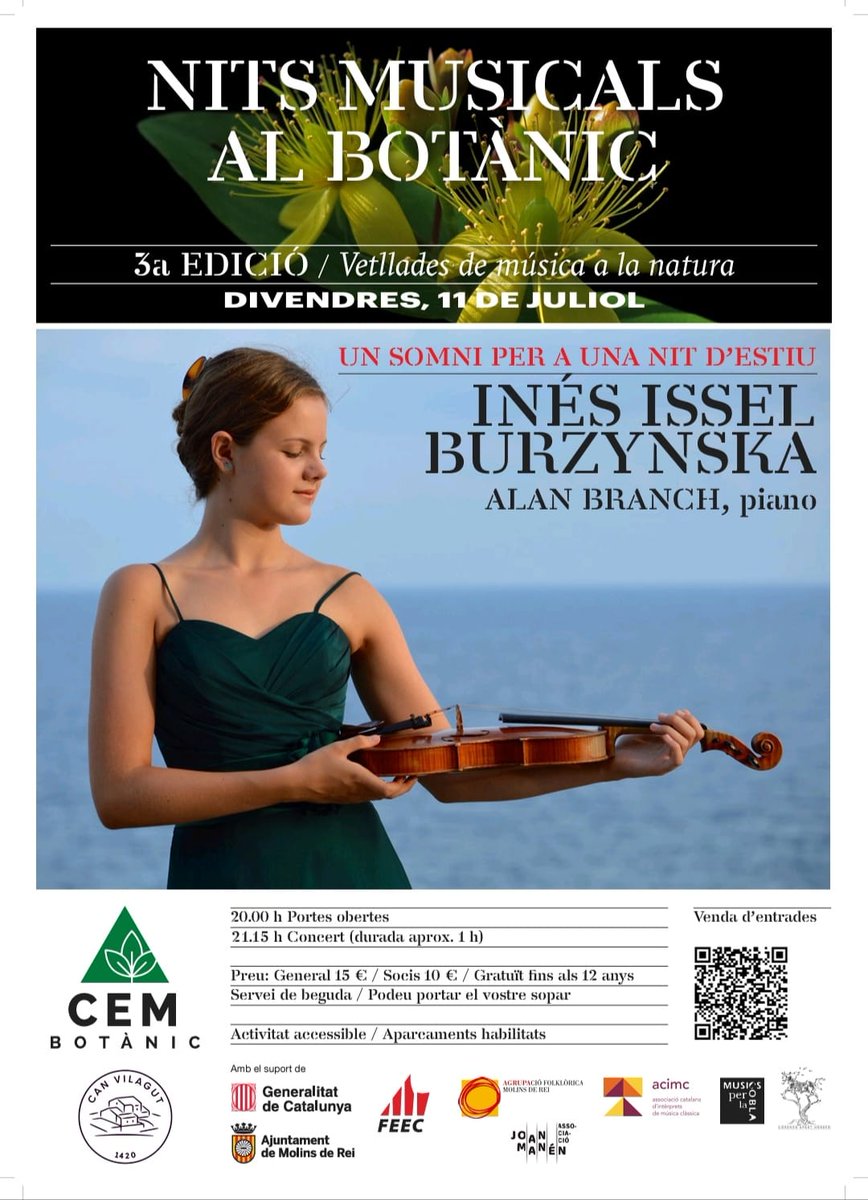 Associació Catalana d'Intèrprets de MúsicaClàssica (@acimc2) on Twitter photo La violinista <a href="/inesisselviolin/">Inés Issel Burzyńska</a> farà un recital de violí i piano a les Nits Musicals al Botànic aquest dissabte 11 de juliol a les 21.15h. Aquest concert està organitzat pel @cemmolins entitat amb la qual l’ACIMC va signar un conveni per oferir oncerts als guanyadors de l’Impuls. La violinista <a href="/inesisselviolin/">Inés Issel Burzyńska</a> farà un recital de violí i piano a les Nits Musicals al Botànic aquest dissabte 11 de juliol a les 21.15h. Aquest concert està organitzat pel @cemmolins entitat amb la qual l’ACIMC va signar un conveni per oferir oncerts als guanyadors de l’Impuls.