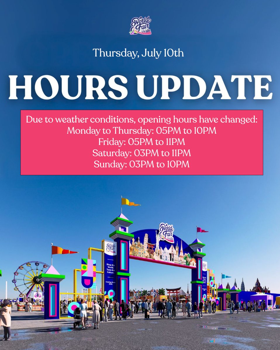 worldfairus's tweet image. Stay excited and stay updated! 🌟 Due to weather changes, we’ve adjusted our hours, but the fun and excitement at the World Fair are still on! See you there! 🎡✨ #WorldFairFun #UpdatedHours #FamilyFun