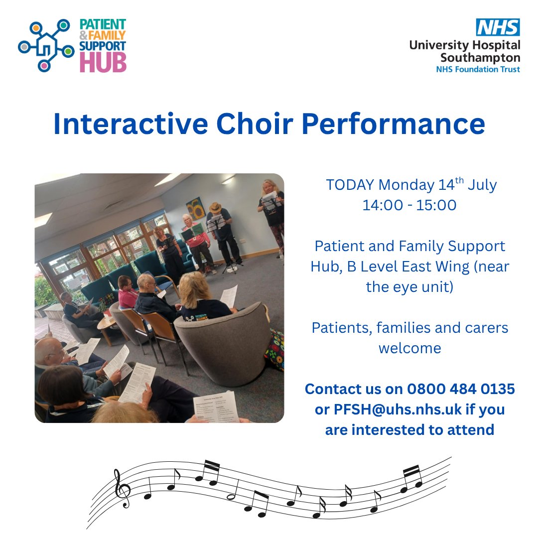 UHS_SupportHub's tweet image. Patients, families and carers are welcome to join us today in the Patient and Family Support Hub at @UHSFT for a very special summer performance with our staff and volunteer choir! 🎶 Please see details below: 👇❤️
