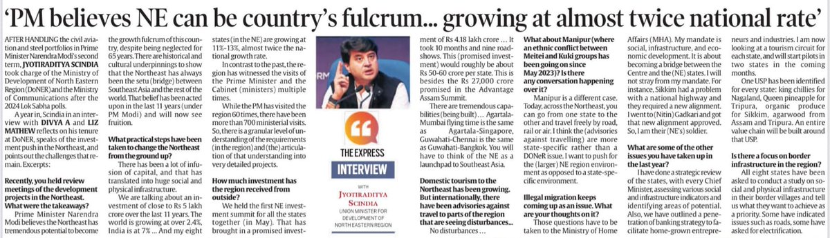 Th.Biswajit Singh (@biswajitthongam) on Twitter photo HonтАЩble Union Minister for <a href="/MDoNER_India/">MDoNER India</a> Shri <a href="/JM_Scindia/">Jyotiraditya M. Scindia</a> ji, in his recent interview with The Indian Express, beautifully articulates how Prime Minister Shri <a href="/narendramodi/">Narendra Modi</a> ji envisions the Northeast as the fulcrum of IndiaтАЩs growth.
This vibrant region is growing at nearly HonтАЩble Union Minister for <a href="/MDoNER_India/">MDoNER India</a> Shri <a href="/JM_Scindia/">Jyotiraditya M. Scindia</a> ji, in his recent interview with The Indian Express, beautifully articulates how Prime Minister Shri <a href="/narendramodi/">Narendra Modi</a> ji envisions the Northeast as the fulcrum of IndiaтАЩs growth.
This vibrant region is growing at nearly