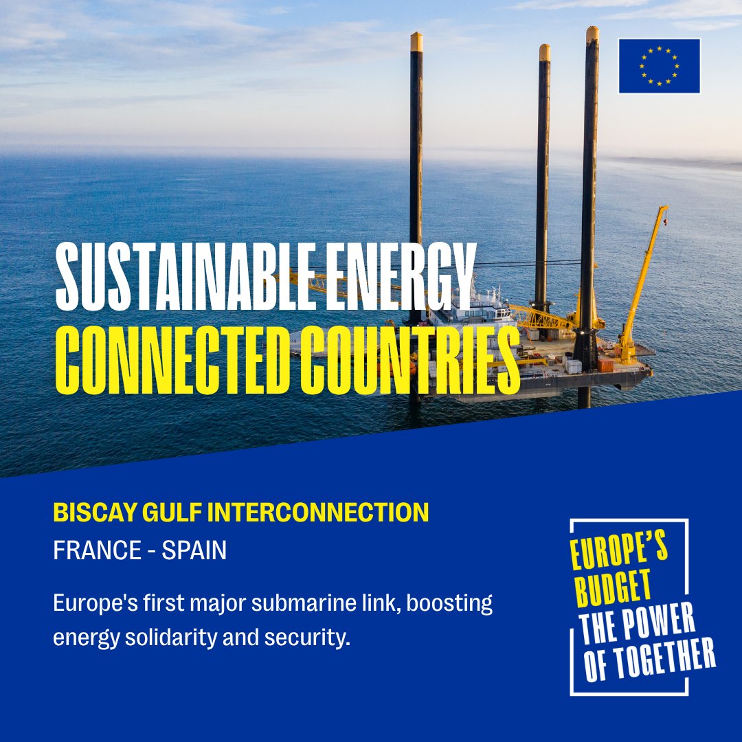 Europe's budget is investing in safe, secure &amp; sustainable energy.​

The Biscay Gulf Interconnection is one of countless investments in Europe's energy grid.

It helps supply 2 million households in France and Spain with emissions-free electricity.

#CEFEnergy #ThePowerOfTogether