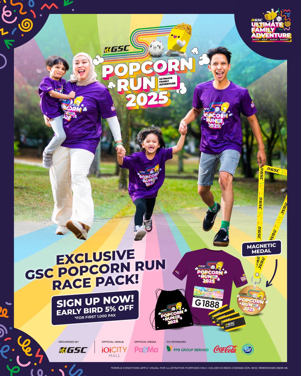 GSCinemas's tweet photo. 🎉 Got your tickets for #GSCPopcornRun yet? Early bird slots are POP-ping fast! 🍿

🏃‍♂️ Sign up now and enjoy 5% OFF — only for the first 1,000 participants! 😱

👟 Run, laugh, and make unforgettable memories with the whole fam this 21 September at IOI City Mall, Putrajaya! 😍

💥 Secure your spot now: https://t.co/8R80y1c809

#PopcornRun2025 #Popcorn #Run #GSCUltimateFamilyAdventure