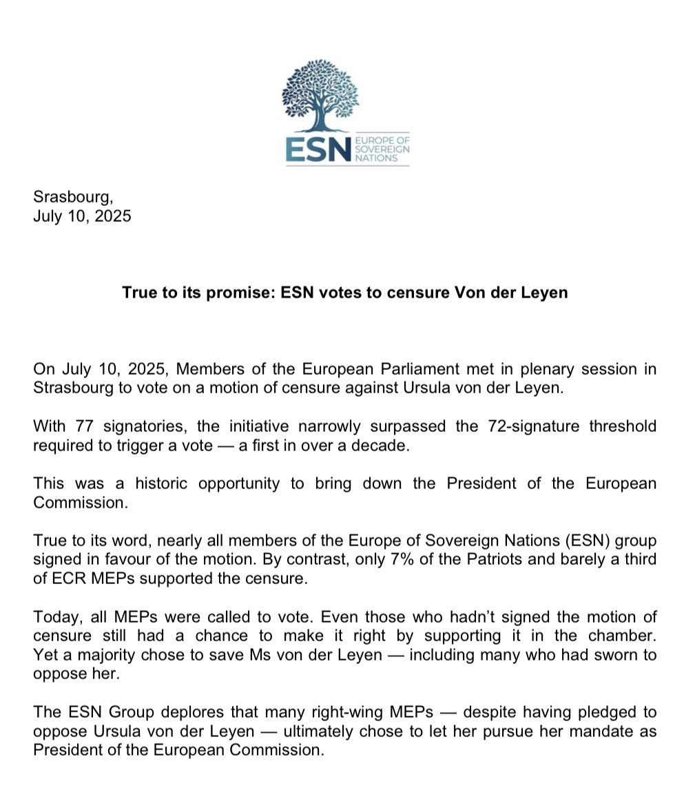 🔴 Censure vote: a missed opportunity

Today, the European Parliament had a historic chance to bring down Ursula von der Leyen.
Even those who hadn’t signed the motion still had the chance to make it right in chamber.
Many had promised to oppose her.
When the moment came, they