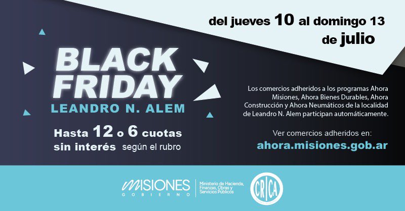 #BlackFridayAlem
CON LA PARTICIPACIÓN DE MÁS DE 100 COMERCIOS HOY COMIENZA LA 4° EDICIÓN DEL BLACK FRIDAY LEANDRO N. ALEM

Se realizará del jueves 10 al domingo 13 de julio con la participación de más de cien comercios que ofrecerán promociones especiales, descuentos y