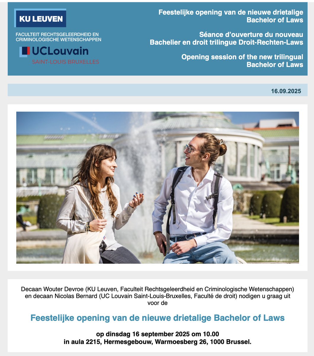 JogchumV's tweet image. Vanaf komend academiejaar organiseren UCLouvain Saint-Louis en KU Leuven samen een gloednieuwe drietalige bachelor rechten in Brussel. NLs, Frans &amp;amp; Engels (en onderweg leer je allicht ook wel vloeken in het Brussels…🤔)🎓
mailing.kuleuven.be/r-7842569e1200…