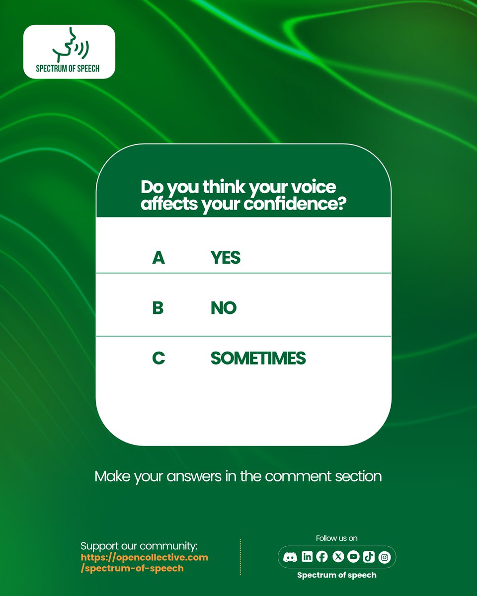 SPoS_Community's tweet photo. Does your voice affect your confidence?
A:Yes
B:No
C:Sometimes

Reply with your answer. Let’s talk about it.

Support our community:https://t.co/d4rpvHAoP7
Learn more:https://t.co/hktrR2xw8o

#SpectrumOfSpeech #SpeechAwareness #ConfidenceInSpeech https://t.co/U9xQxaCEvc