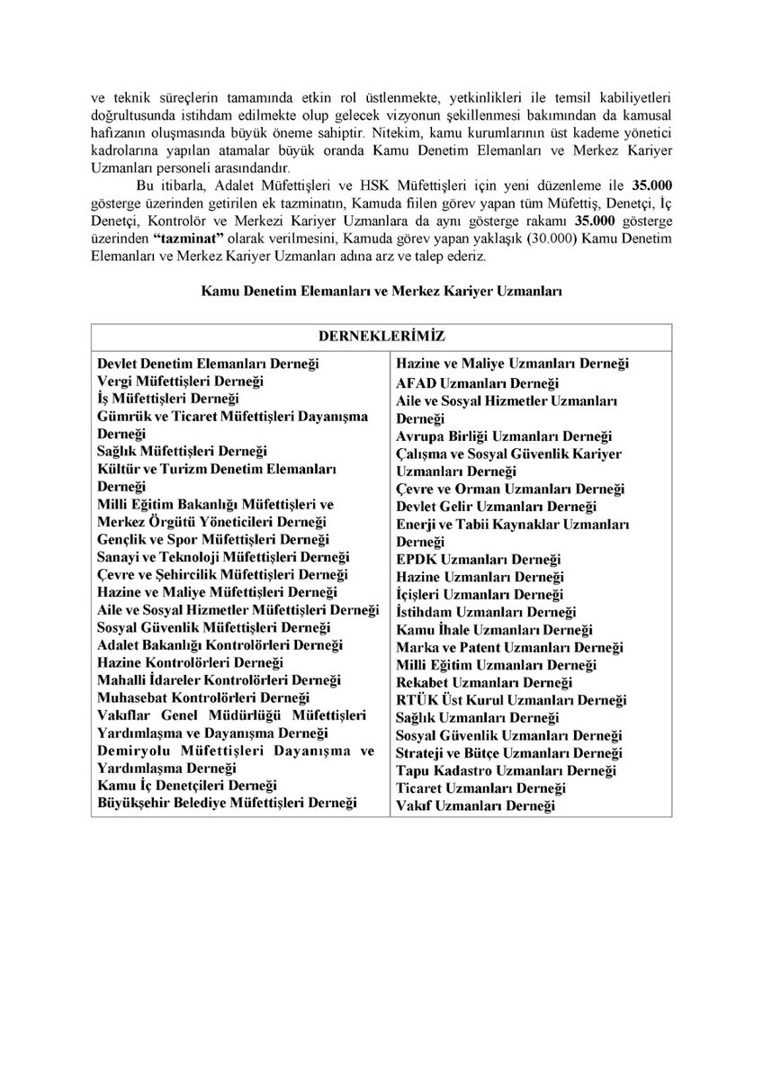 Kamu Denetim Elemanları ve Merkez Kariyer Uzmanları olarak, özlük haklarımızda iyileştirme talebimizi bir kez daha kararlılıkla vurguluyoruz. Yüce Meclisimiz ve yetkililerin, verilen sözleri yerine getireceğine inanıyor, bu haklı beklentimizin karşılanmasını bekliyoruz.