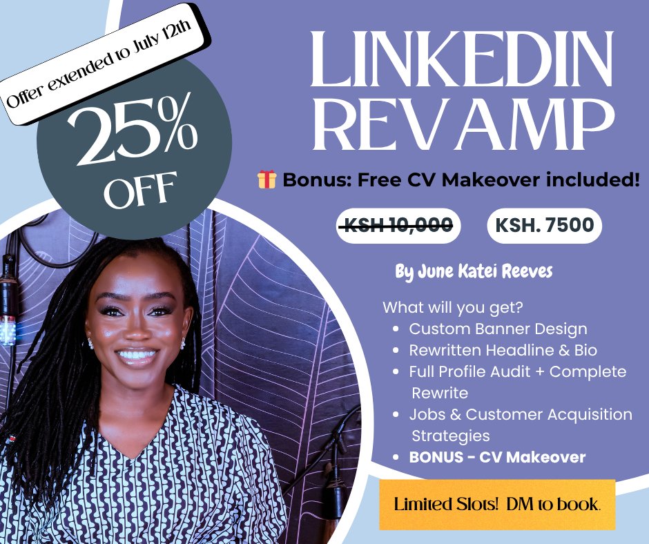 junekateireeves's tweet photo. 🚨 OFFER EXTENDED to July 12th as you requested. 

Still sending your CV or updating LinkedIn but hearing nothing?

Let’s fix that.

✅ CV that shows your real value
✅ LinkedIn that attracts jobs or clients
✅ Strategy that gets you noticed

💰 KES 7,500
📲 DM me to start today https://t.co/itA7NLRLbc