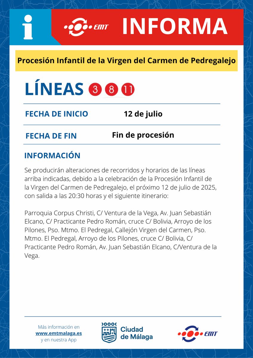 #EMTInforma | Alteraciones este sábado por la Procesión Infantil de la Virgen del Carmen de Pedregalejo.

Recibe estos avisos al instante en nuestra App: emtmalaga.es/es/descargaapp