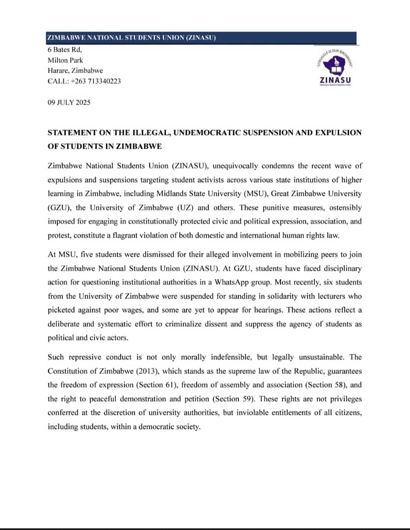 SUSPENSION OF ZINASU LEADERS IS AN ACT OF COWARDICE!

I condemn the recent SUSPENSION of ZINASU leaders at the Univ of Zimbabwe 🇿🇼 as a serious act of COWARDICE 

Victimization of student leaders will not help end the ongoing crisis at the UZ

What is needed is DIALOGUE now!