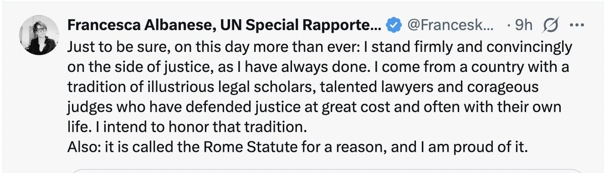AlwaysChekhov's tweet image. The sanctions imposed upon the UN Special Rapporteur 𝐅𝐫𝐚𝐧𝐜𝐞𝐬𝐜𝐚 𝐀𝐥𝐛𝐚𝐧𝐞𝐬𝐞 (@FranceskAlbs) by the most powerful nation in the world is an unprecedented, unheard of move that does not augur well for the future of human rights institutions everywhere.

In practical…