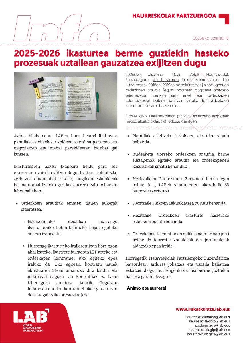 LAB Haurreskolak (@labhaurreskolak) on Twitter photo 🔴 2025-2026 ikasturtea berme guztiekin hasteko prozesuak uztailean gauzatzea exijitzen dugu
⁉️ Irailean kalitatezko zerbitzua eskaini eta langileen eskubideak bermatu ahal izateko, guztiak aurrera egin behar du lehenbailehen.
🔗 labur.eus/mn8wn2vv 🔴 2025-2026 ikasturtea berme guztiekin hasteko prozesuak uztailean gauzatzea exijitzen dugu
⁉️ Irailean kalitatezko zerbitzua eskaini eta langileen eskubideak bermatu ahal izateko, guztiak aurrera egin behar du lehenbailehen.
🔗 labur.eus/mn8wn2vv
