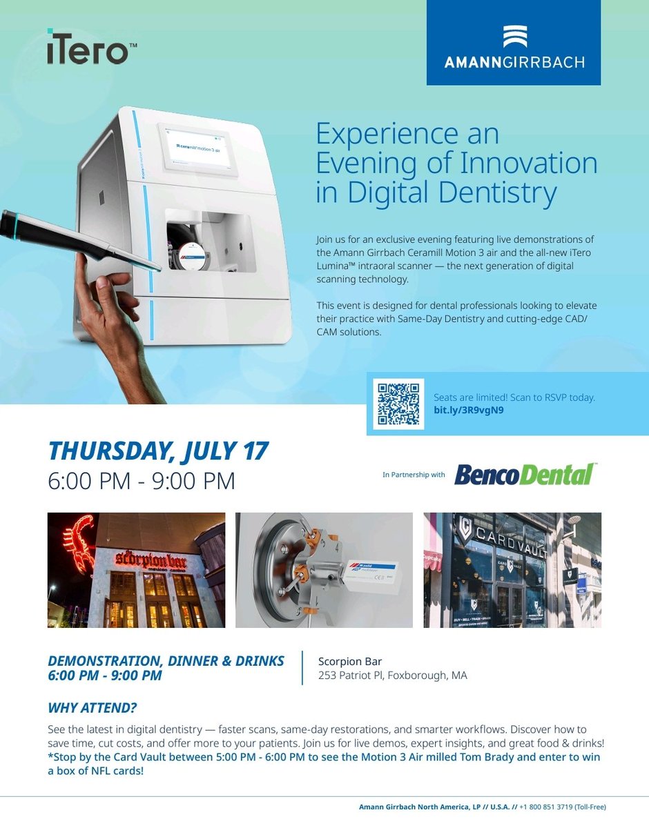 RobertCostaJr's tweet photo. 1 Week COUNTDOWN⏳️

🎬 Matty V @CardVaultTB Foxboro 5-6pm! 
📅 Scorpion Bar  6-9PM
📍Patriot Place - Foxboro, MA

Innovation in #CADCAM #Dentistry workflows w/ Amann Girrbach.

➡️ 10 left - Don't Miss Out! 
📩 RSVP https://t.co/dtjXsZtKPv

@TomBrady "Let's Go!"
#BostonDentists https://t.co/wMzhE4q5Xi