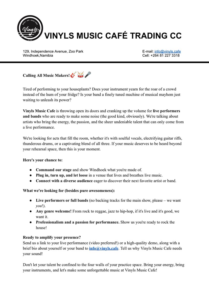 Calling all Music Makers! 🎸🥁🎤

#artistcallout #vinylsmusiccafé