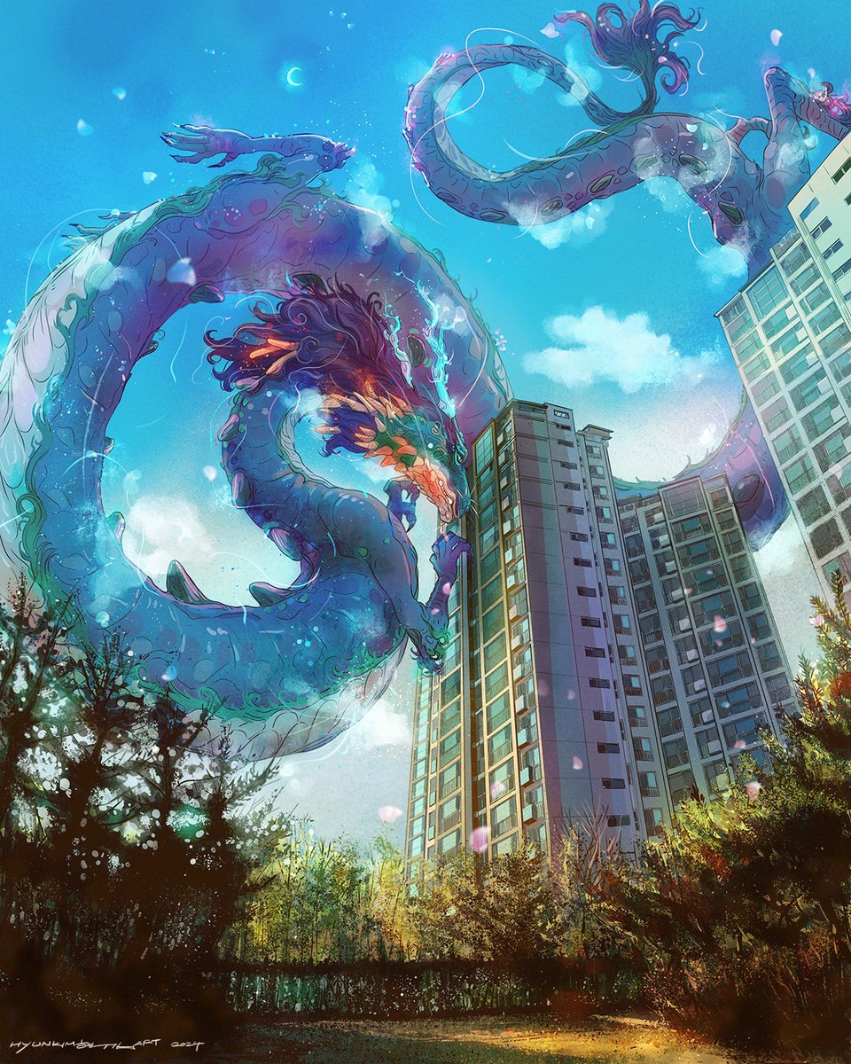 HyunKimArt's tweet photo. Blue Dragon 2024. A Mythical, Enormous visitor. #dragons #fantasyillustration #デジタルイラスト #ドラゴン #空想風景 #AIじゃない https://t.co/lNDGki9K0J