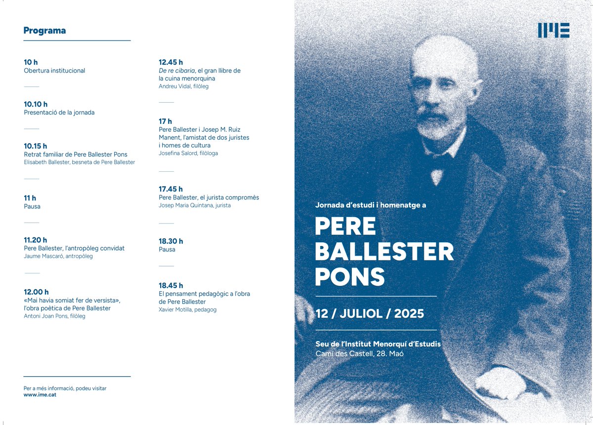 Dissabte dia 12 la secció de Llengua i Literatura de l'IME dedica una important Jornada d'Estudi i Homenatge a Pere Ballester. La jornada es podrà seguir també en directe pel canal de YouTube de l'Institut Menorquí d'Estudis.