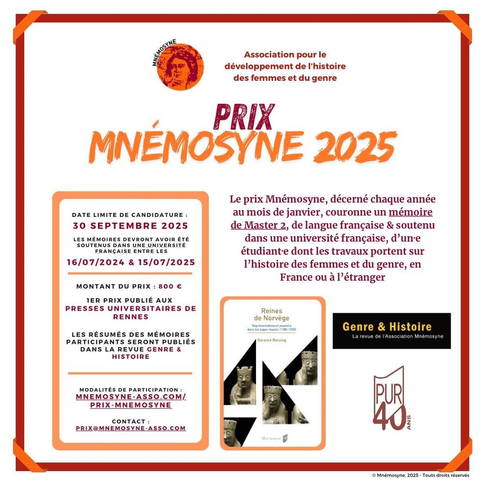 Campagne du #PrixMnémosyne2025
Le prix récompense un mémoire de master 2 soutenu dans une université française, et de langue française, d’un-e étudiant-e dont les travaux portent sur l’histoire des femmes et du genre en France ou à l’étranger.
mnemosyne-asso.com/prix-mnemosyne…
