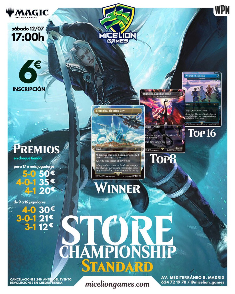 ¡Nos vemos este fin de semana en el Store Championship Standard de MTG!

📅 Sábado 12/07

🕢17:00h

💶 Inscripción: 6€

🏆 Premios en cheque tienda + cartas exclusivas 

👉 miceliongames.com

#MTG #MagicTheGathering