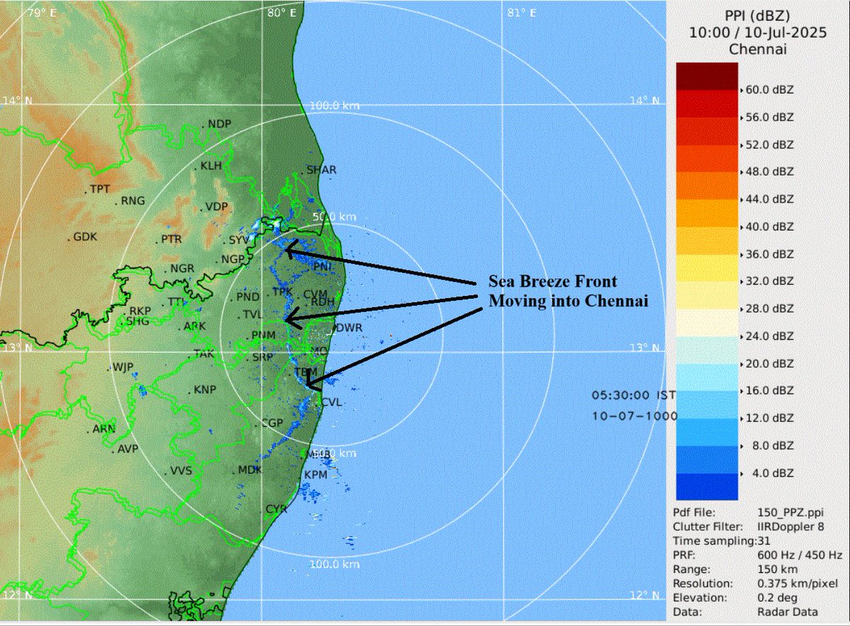 A perfect night for Rains in KTCC (Chennai)
--------------------------------
What a Sea Breeze Front Moving into Chennai carrying the much needed moisture deep into the City.

Day before yesterday we got widespread rains in KTCC. Yesterday it was only in C (Chengalpet) there was