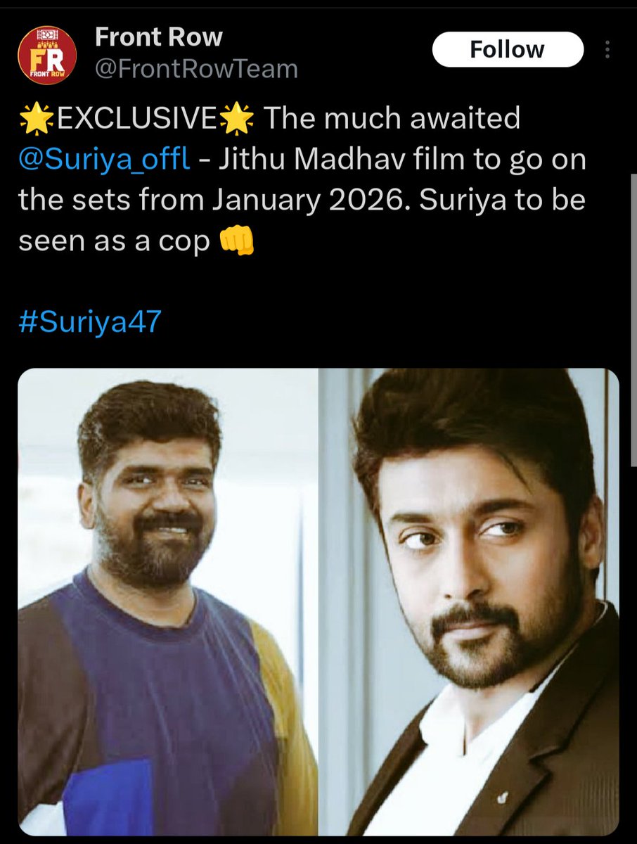 സൂര്യണ്ണയെ റോളക്സിൽ നിന്നും ബെയിലെടുക്കേണ്ട ചരിത്രപരമായ ദൗത്യം ഒരു മലയാളിയായ ജിത്തു മാധവിന്റെ കൈകളിൽ എത്തിയത് അഭിമാനകരമായ സംഗതി തന്നെ.
ആശംസകൾ 🔥
#Suriya47