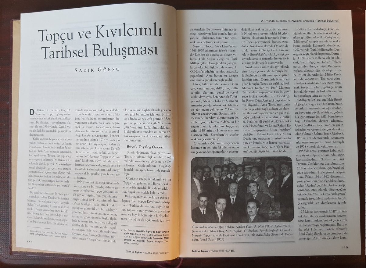 Nurettin Topçu (1909 - 10 Temmuz 1975) Hikmet Kıvılcımlı Tarihsel Buluşması - Tarih ve Toplum Dergisi, Cilt 26 Sayı 151 Temmuz 1996