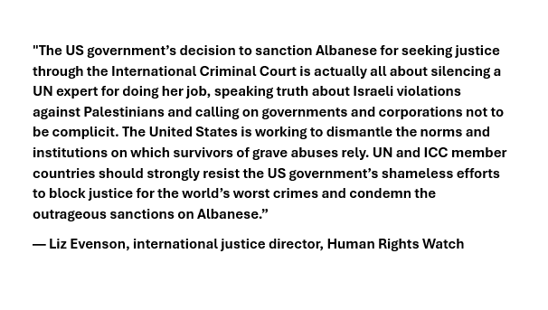 The US has acted for the third time to impose sanctions under its executive order targeting the ICC. This time, they’ve sanctioned the UN special rapporteur, <a href="/FranceskAlbs/">Francesca Albanese, UN Special Rapporteur oPt</a>, for her work on justice.