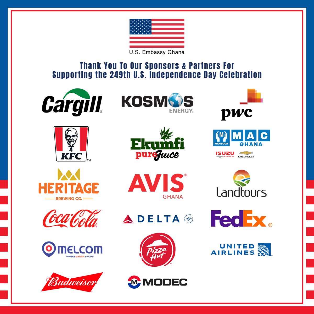 USEmbassyGhana's tweet image. Grateful to our incredible sponsors @Cargill @KosmosEnergy @PwCGhana and our partners for making the 249th U.S. Independence Day celebration in Ghana a great success! Thank you for being part of this special occasion as we kick off the road to #America250.
#USinGhana