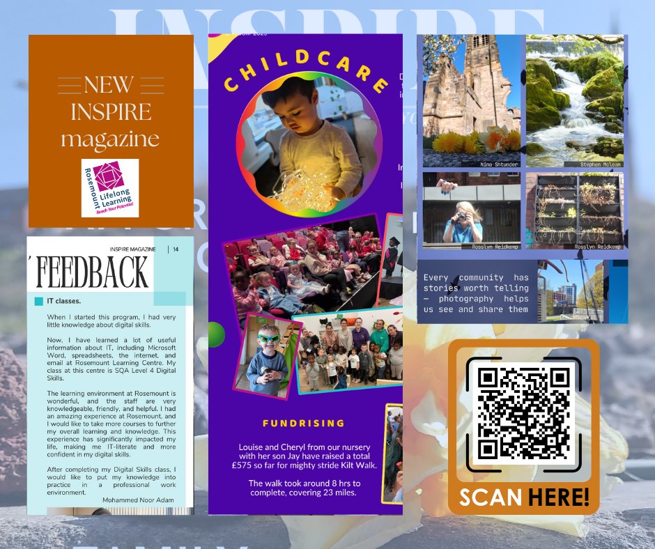 RosemountGLA's tweet image. ✨ Introducing our new Inspire magazine! 📰
It’s full of interesting and inspiring stories that showcase the wonderful work we’re doing ✨
📌Scan the QR code below or follow the link heyzine.com/flip-book/ae5f…
🗺️102 Royston Road, G21 2NU
☎️0141 553 0808
📧admin@rosemount.ac.uk