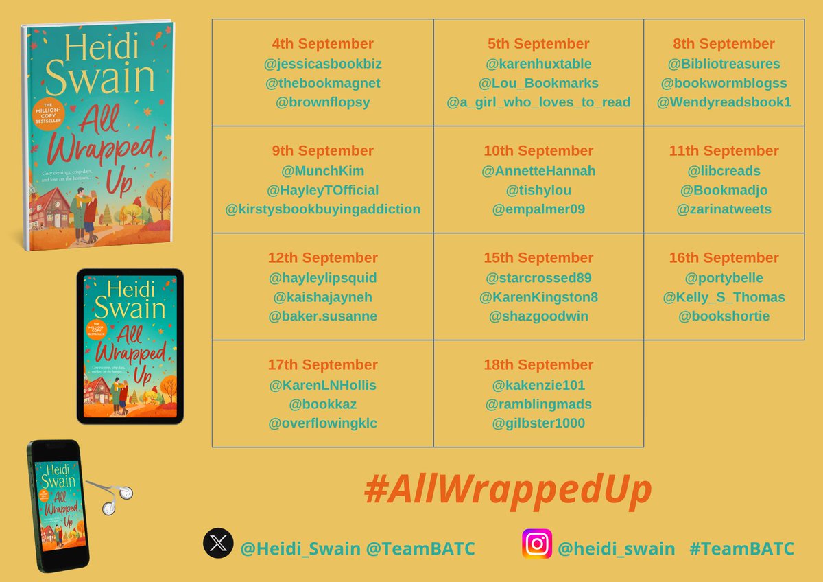 Sara-Jade Virtue (@bookminxsjv) on Twitter photo HUGE thanks to all the brilliant <a href="/TeamBATC/">BooksAndTheCity</a> #BookClub members taking part in the EPIC <a href="/Heidi_Swain/">Heidi Swain 🌞🧡🌞</a> #AllWrappedUp tour!
In Wynbridge, the scent of autumn is on the breeze and love is in the air…
simonandschuster.co.uk/books/All-Wrap… HUGE thanks to all the brilliant <a href="/TeamBATC/">BooksAndTheCity</a> #BookClub members taking part in the EPIC <a href="/Heidi_Swain/">Heidi Swain 🌞🧡🌞</a> #AllWrappedUp tour!
In Wynbridge, the scent of autumn is on the breeze and love is in the air…
simonandschuster.co.uk/books/All-Wrap…