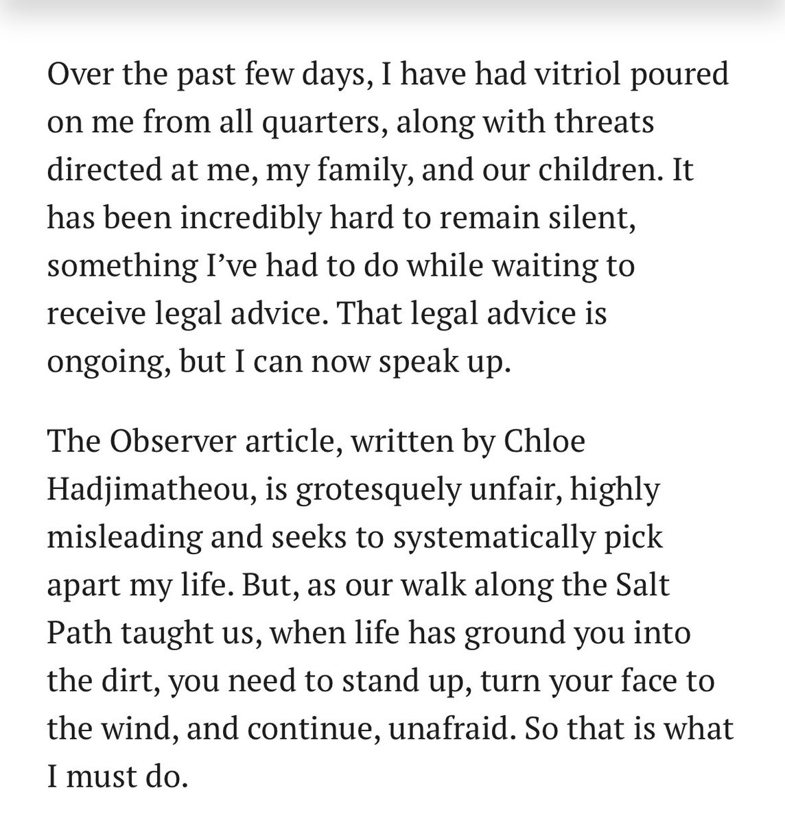 Dan_Martin's tweet image. Raynor Winn, author of The Salt Path, has issued a long statement refuting the claims made by The Observer.
Read it here: raynorwinn.co.uk
#TheSaltPath