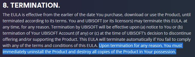 LarryBundyJr's tweet image. As if Ubisoft couldn't get any more scummier...
They've just updated their Terms of Service, where if they enact end of life on a game (I.E. closing the servers) You are now required to uninstall the game, and Destroy the disc if you own a physical copy!!!
#ubisoft #gaming